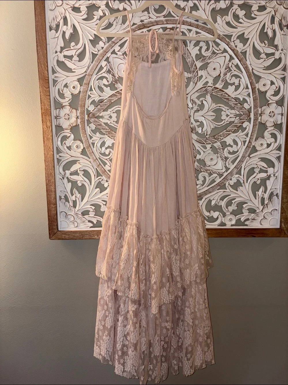 Joyfolie Mia Joy Catrin Boho Lace Tiered Maxi Chiffon Dress Blush sz 12 EUC